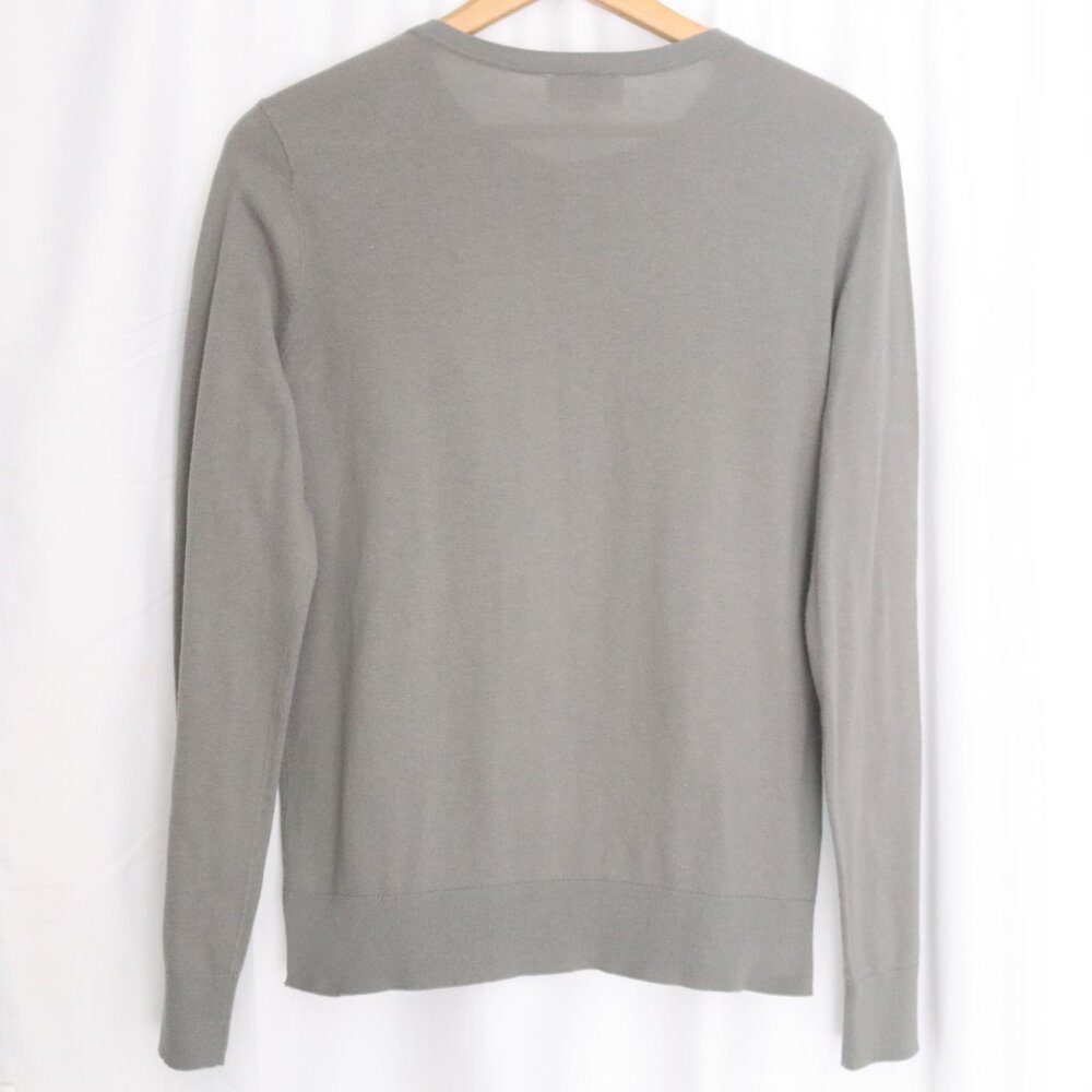 Loft | Soft Sage Green Grey Lightweight Button Front Crewneck Cardigan Sweater - Picture 3 of 13